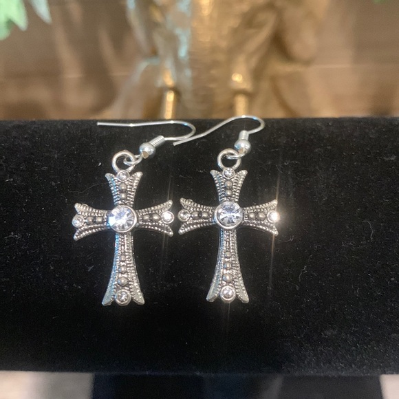 Hand Crafted Jewelry - RHINESTONE PENDANT CROSSES FISH HOOK EARRINGS HANDCRAFTED BY ME